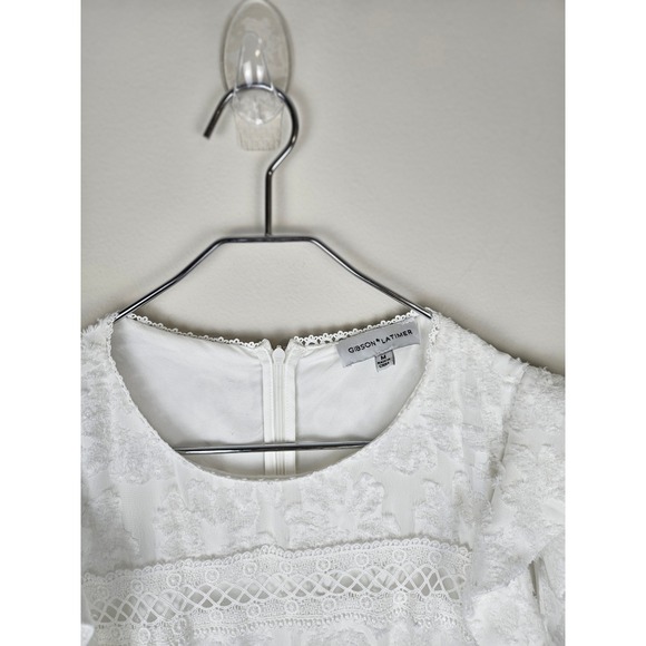 Gibson Latimer Womens White Textured Floral Flutter Sleeve Lace Trim Dress M - Picture 5 of 11